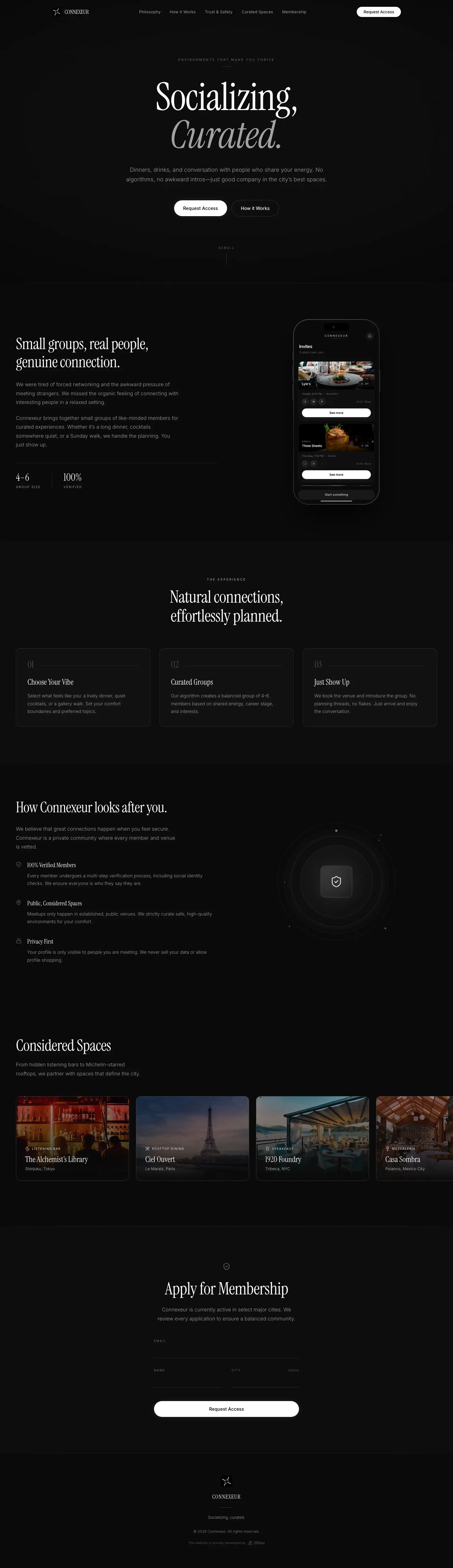 Connexeur membership platform showing curated small-group meetup recommendations