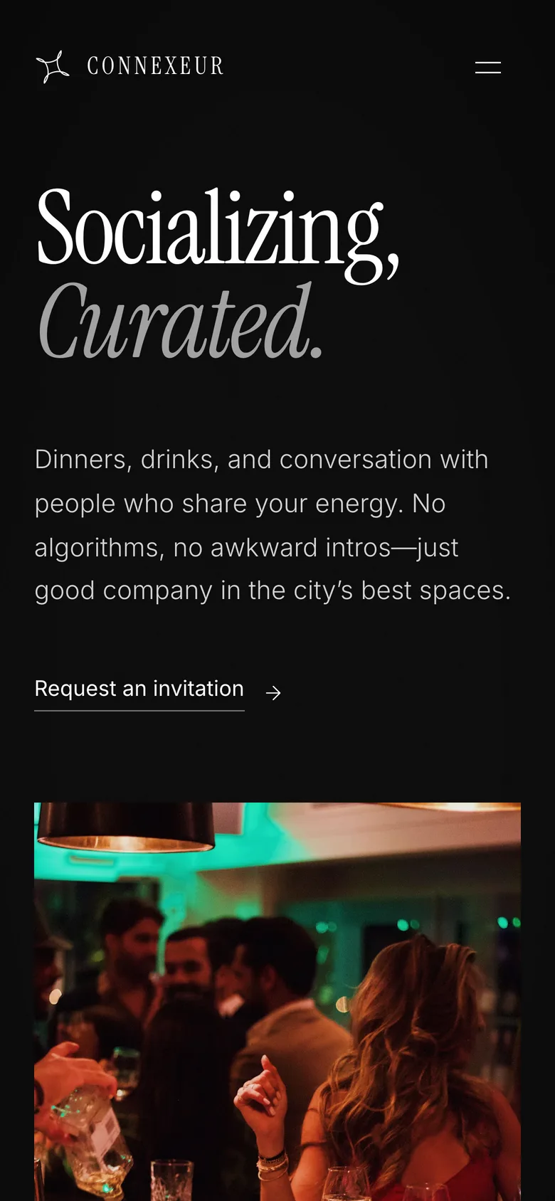 Connexeur membership platform showing curated small-group meetup recommendations