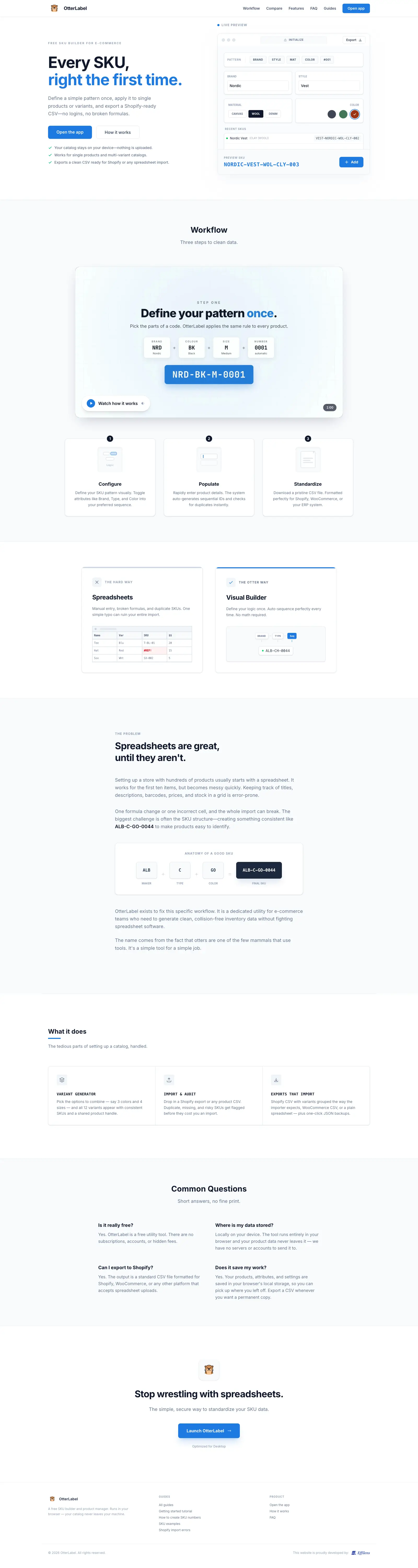 Otterlabel SKU builder interface with visual pattern system for e-commerce product management