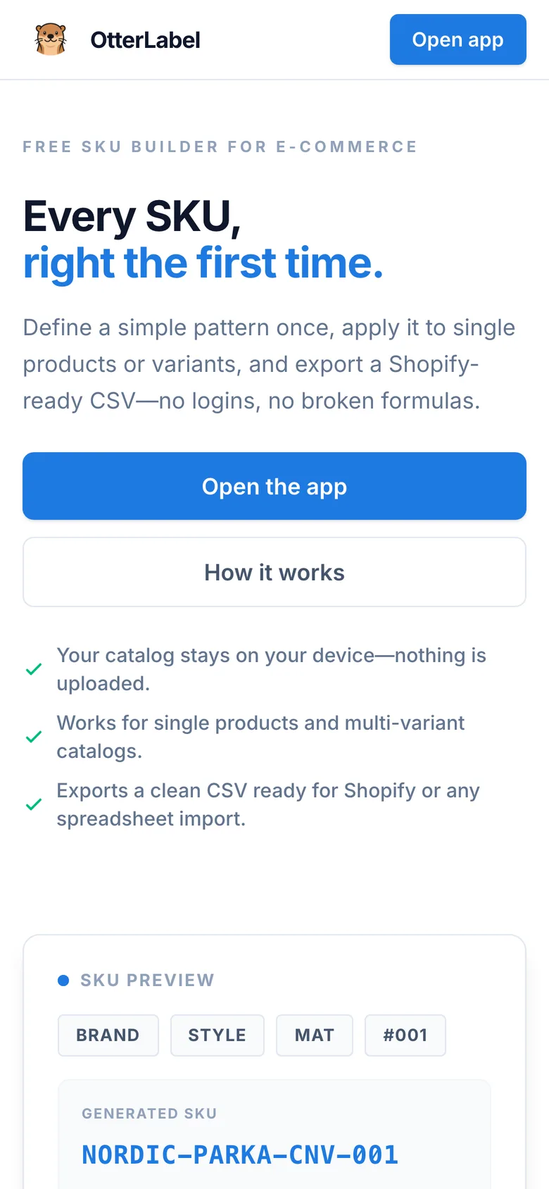 Otterlabel SKU builder interface with visual pattern system for e-commerce product management
