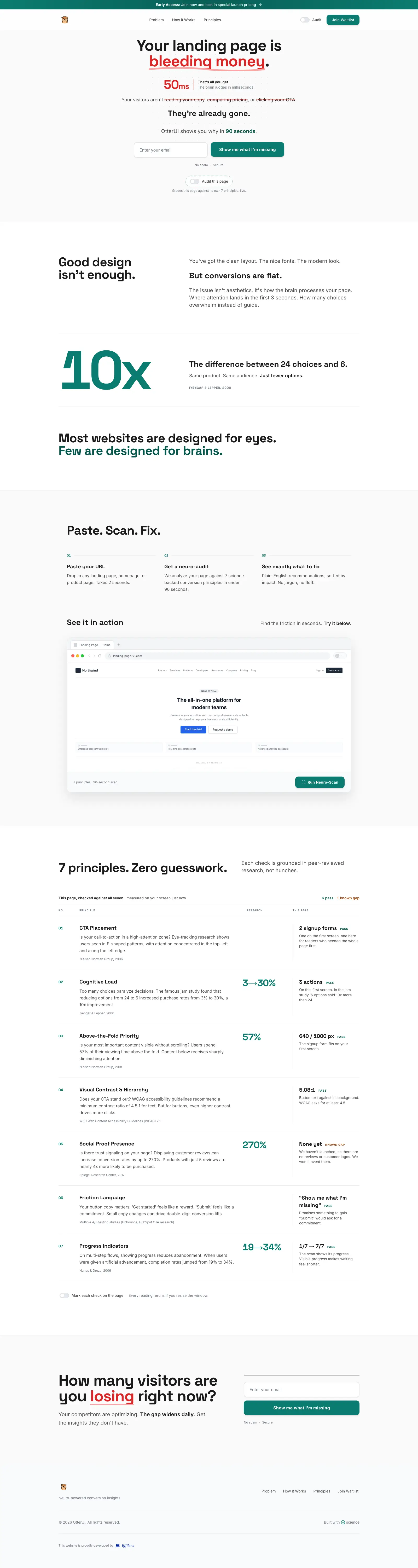 OtterUI neuromarketing analyzer displaying landing page audit results with conversion insights