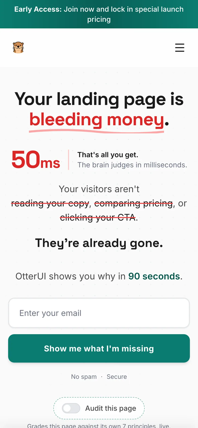 OtterUI neuromarketing analyzer displaying landing page audit results with conversion insights