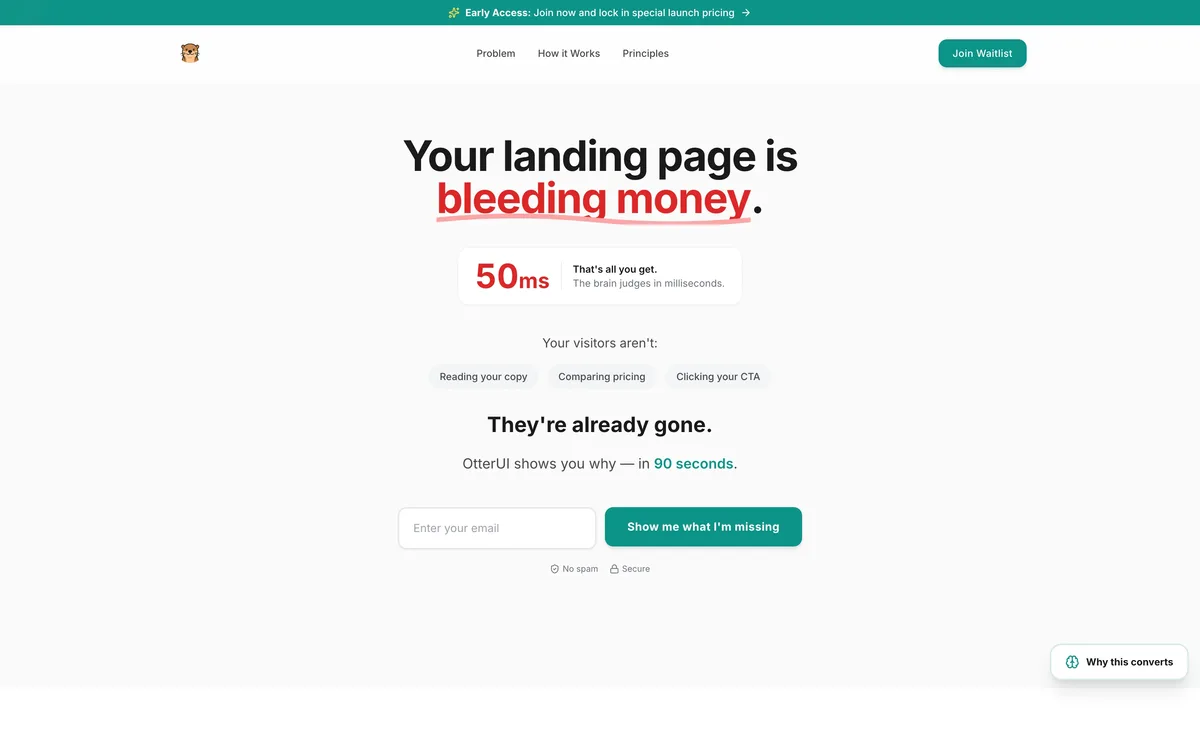 OtterUI neuromarketing analyzer displaying landing page audit results with conversion insights
