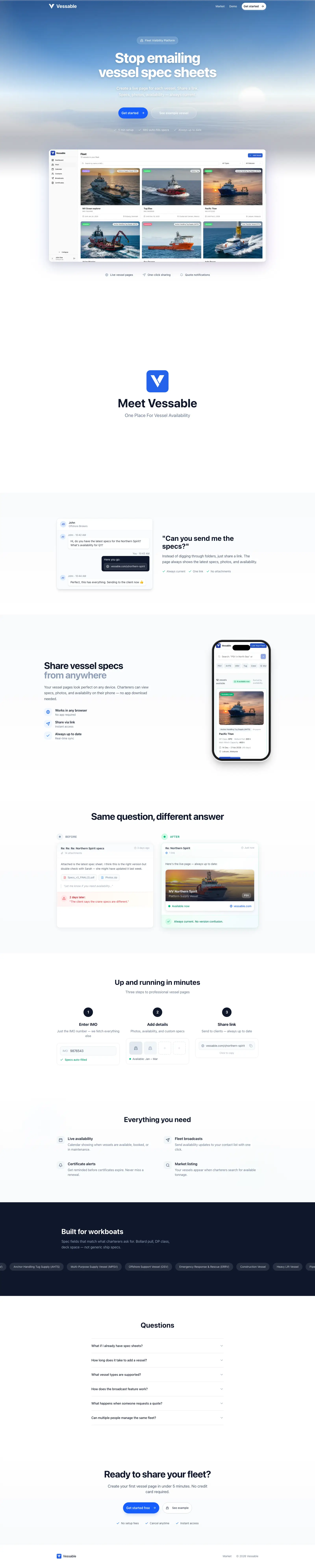 Vessable fleet visibility platform showing live vessel pages with specs and availability