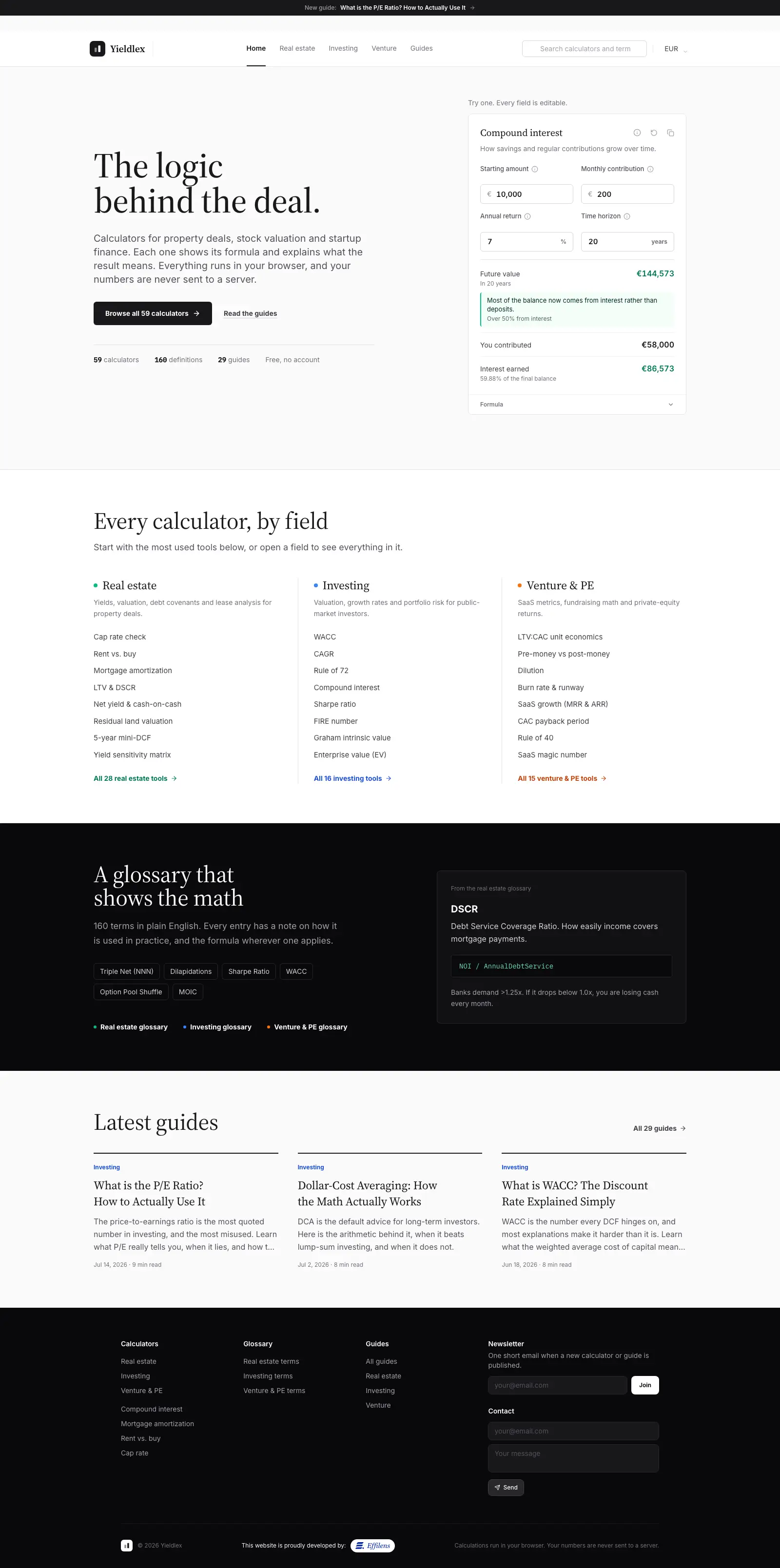 Yieldlex financial calculator dashboard showing real estate valuation tools and investment metrics