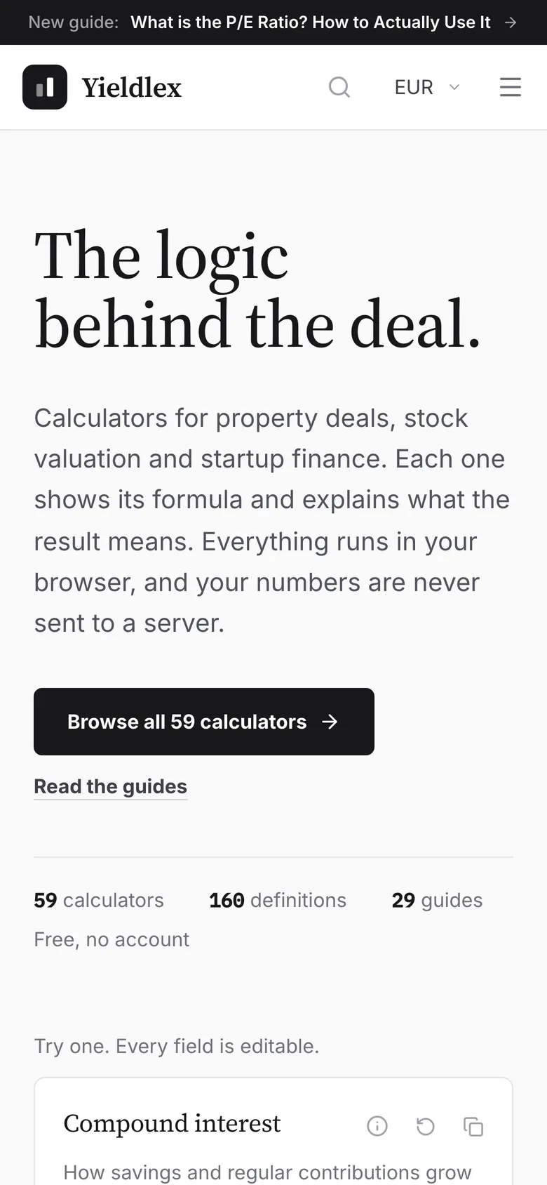 Yieldlex financial calculator dashboard showing real estate valuation tools and investment metrics